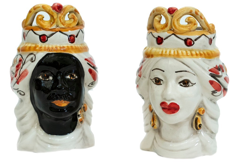 Coppia teste di moro in ceramica siciliana di Caltagirone h15cm art. rosso