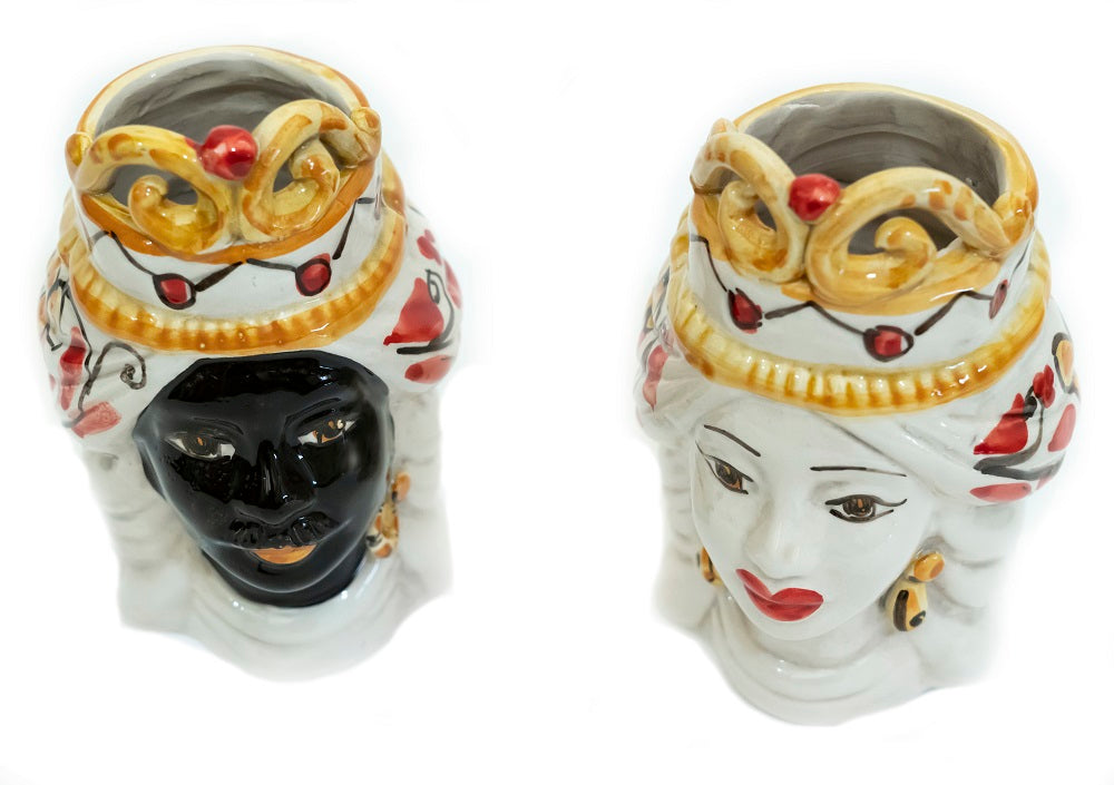 Coppia teste di moro in ceramica siciliana di Caltagirone h15cm art. rosso