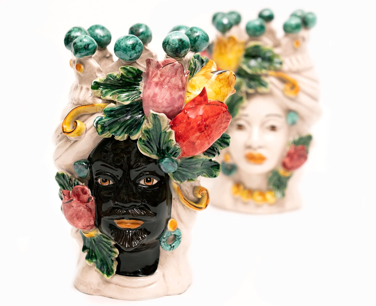 Coppia teste di moro in ceramica siciliana di Caltagirone h20cm art. tulipani colorati