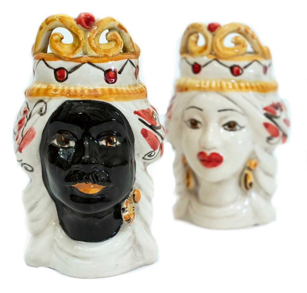 Coppia teste di moro in ceramica siciliana di Caltagirone h15cm art. rosso