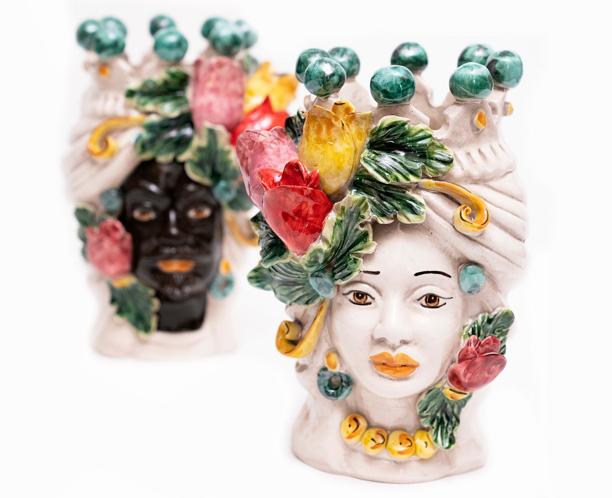 Coppia teste di moro in ceramica siciliana di Caltagirone h20cm art. tulipani colorati