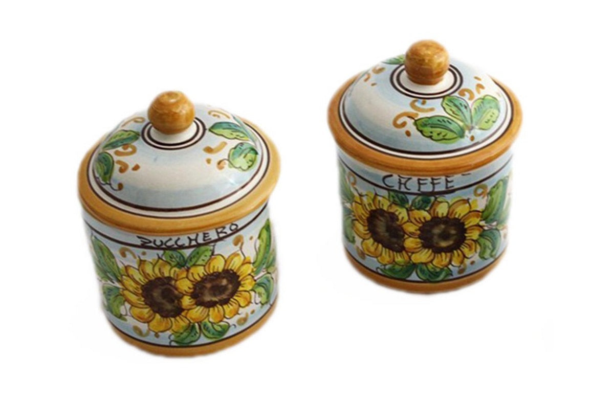 Tris 3 barattoli sale zucchero e caffè in ceramica decorata a mano da ceramisti siciliani girasole art 8