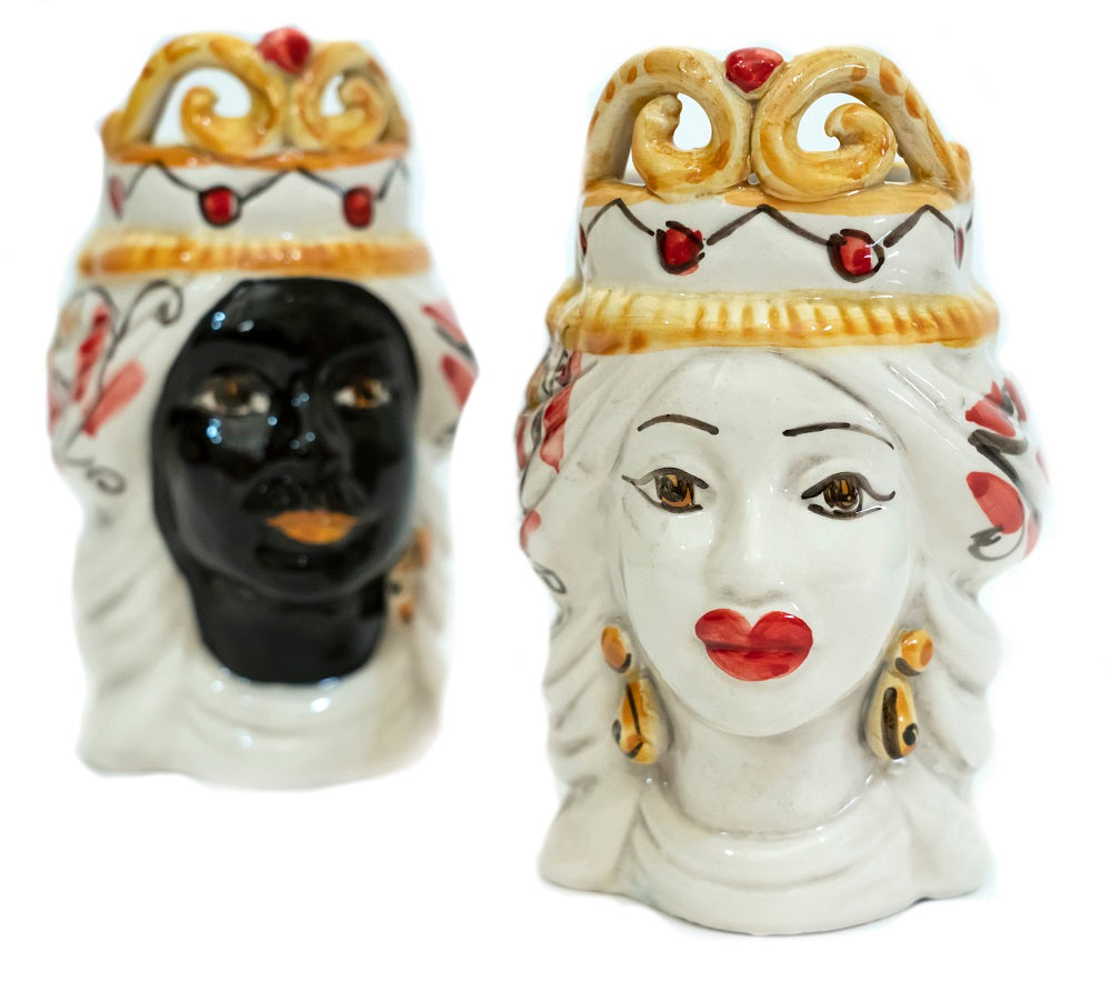 Coppia teste di moro in ceramica siciliana di Caltagirone h15cm art. rosso