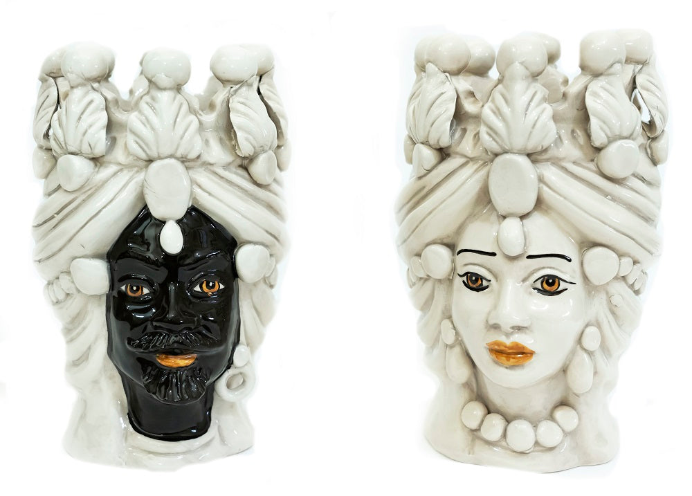 Coppia teste di moro in ceramica siciliana di Caltagirone h20cm art. fumè