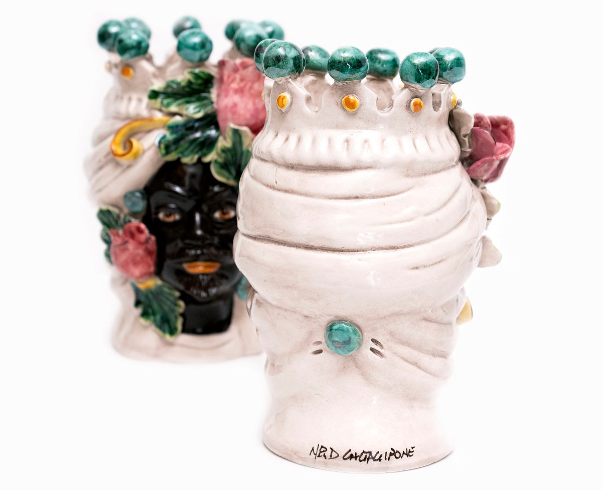 Coppia teste di moro in ceramica siciliana di Caltagirone h20cm art. tulipani colorati