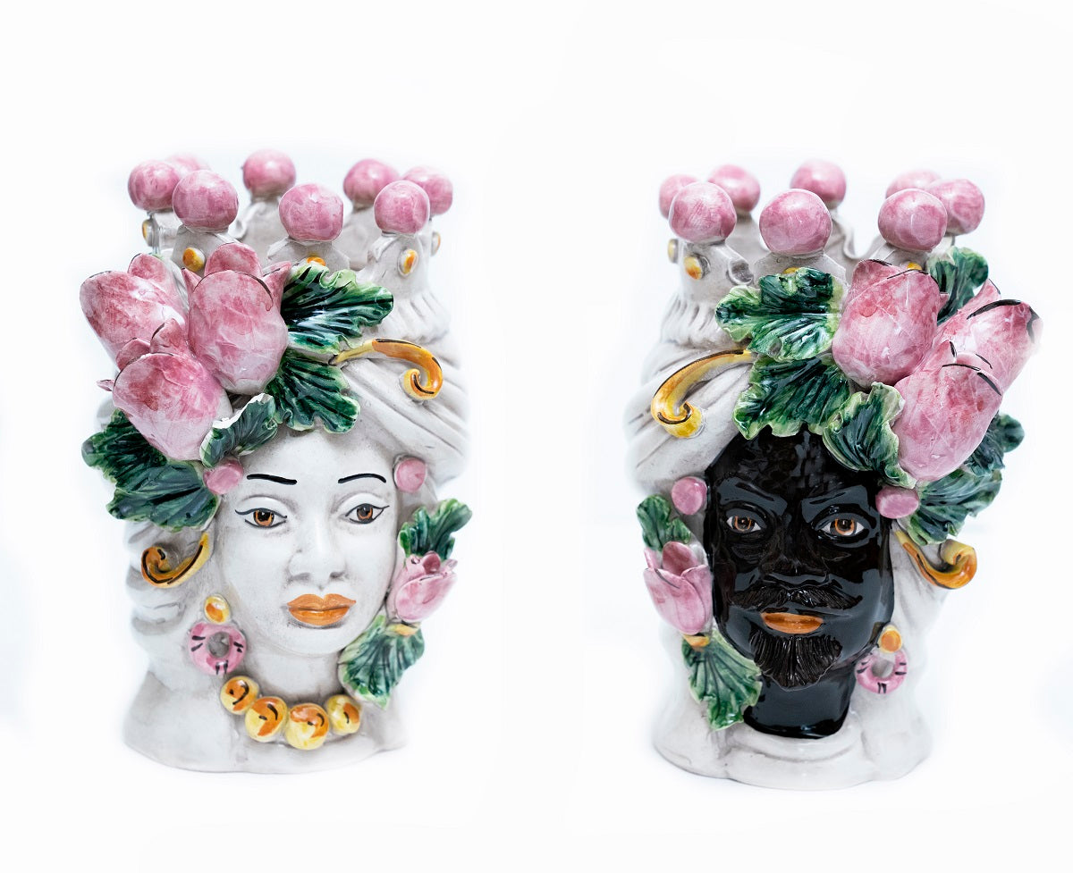 Coppia teste di moro in ceramica siciliana di Caltagirone h20cm art. tulipani rosa
