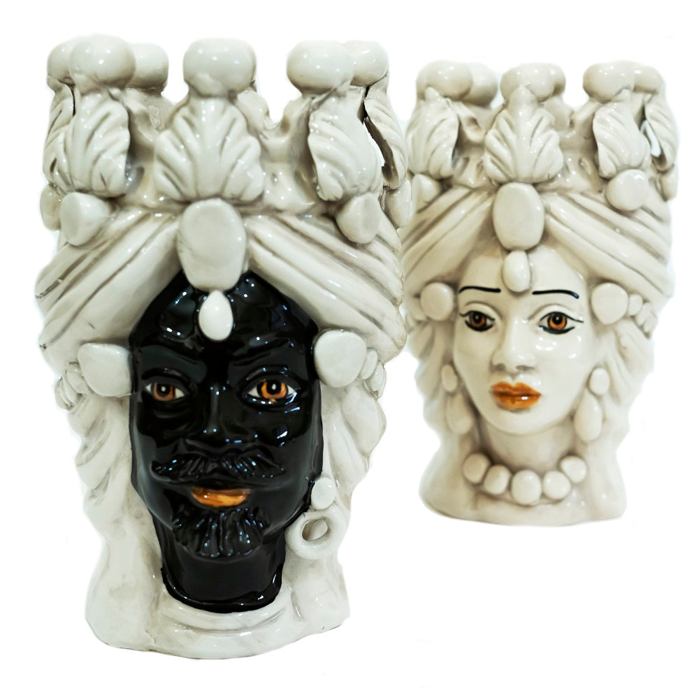 Coppia teste di moro in ceramica siciliana di Caltagirone h20cm art. fumè