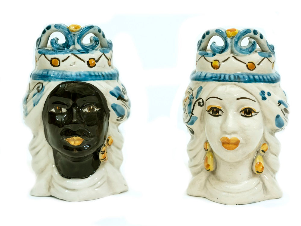 Coppia teste di moro in ceramica siciliana di Caltagirone h15cm art. celeste