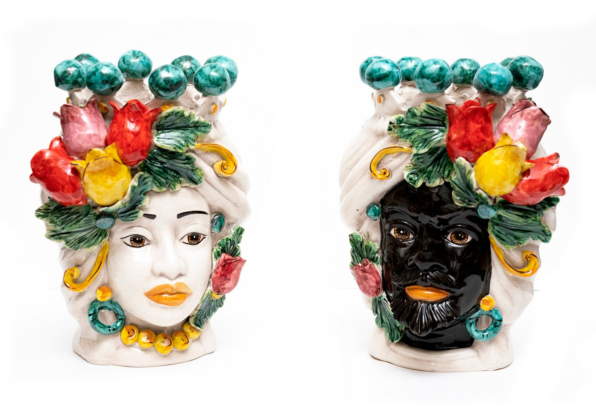 Coppia teste di moro in ceramica siciliana di Caltagirone h30cm art. tulipani colorati