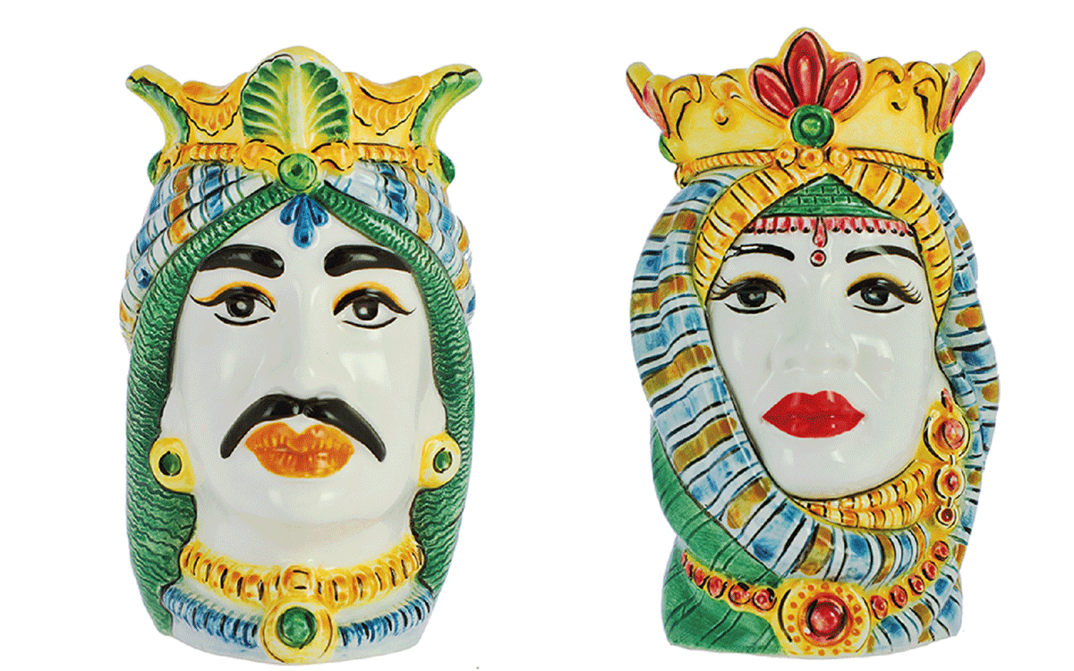 Coppia teste di moro arabi colorati in ceramica nicarè decorata a mano art. 807,806