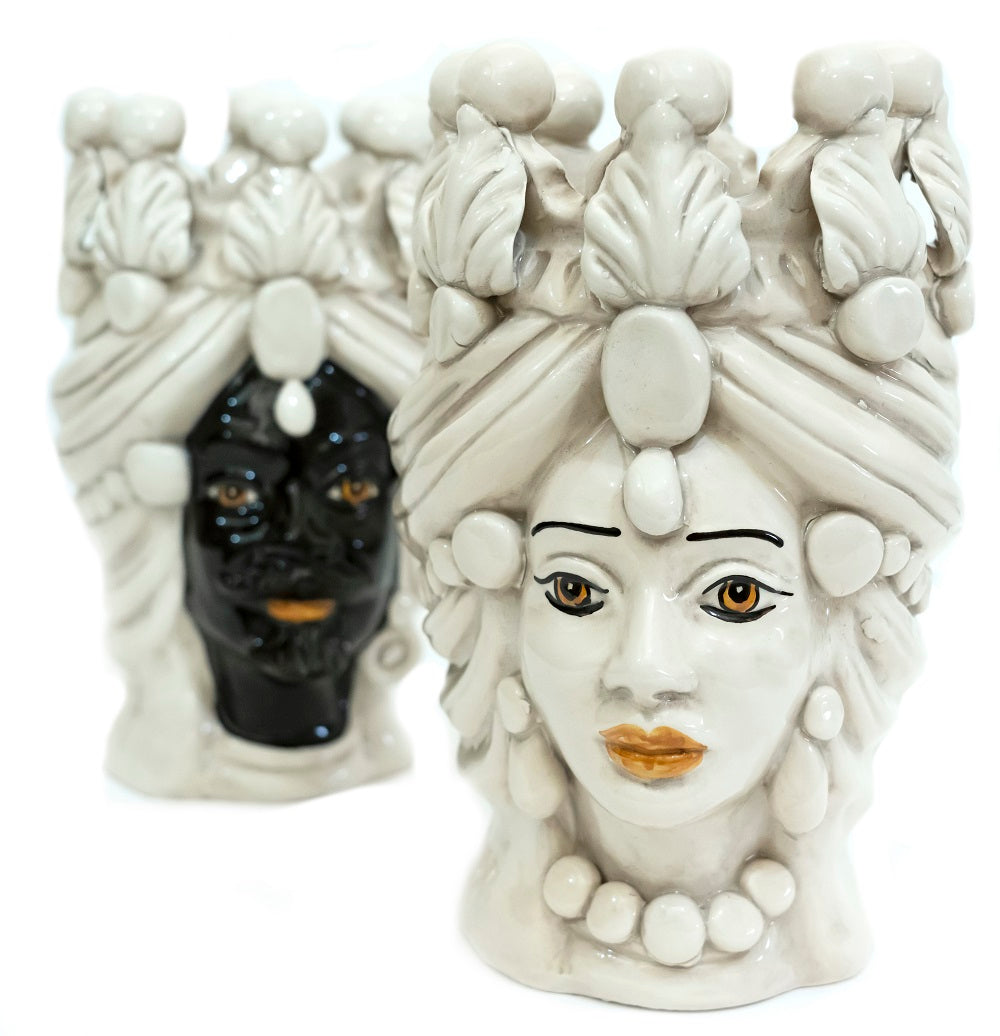 Coppia teste di moro in ceramica siciliana di Caltagirone h20cm art. fumè