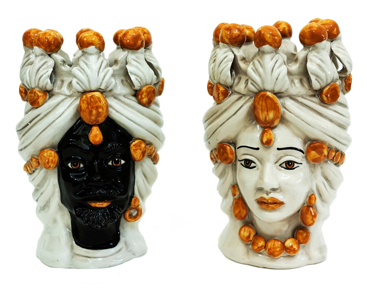 Coppia teste di moro in ceramica siciliana di Caltagirone h20cm art. arancio