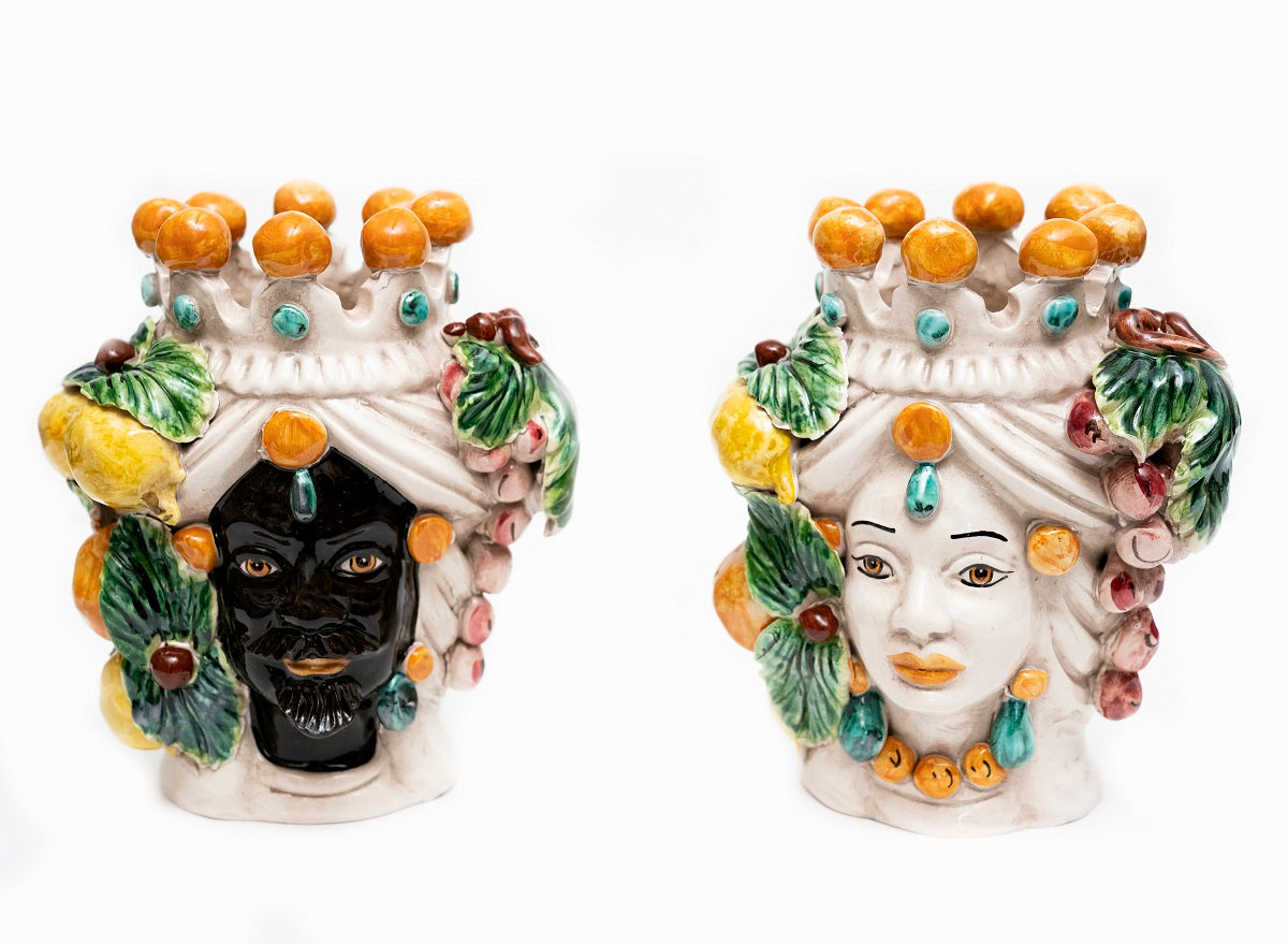 Coppia teste di moro in ceramica siciliana di Caltagirone h20cm art. uva