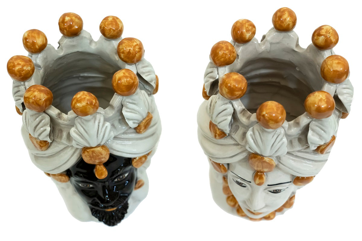Coppia teste di moro in ceramica siciliana di Caltagirone h20cm art. arancio