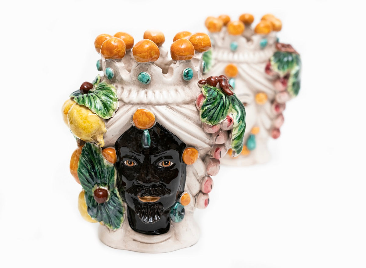 Coppia teste di moro in ceramica siciliana di Caltagirone h20cm art. uva
