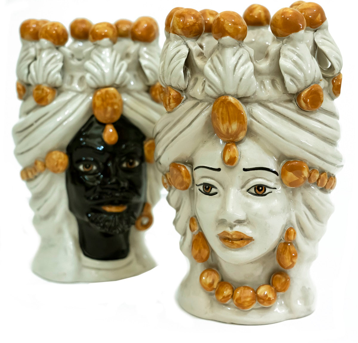 Coppia teste di moro in ceramica siciliana di Caltagirone h20cm art. arancio