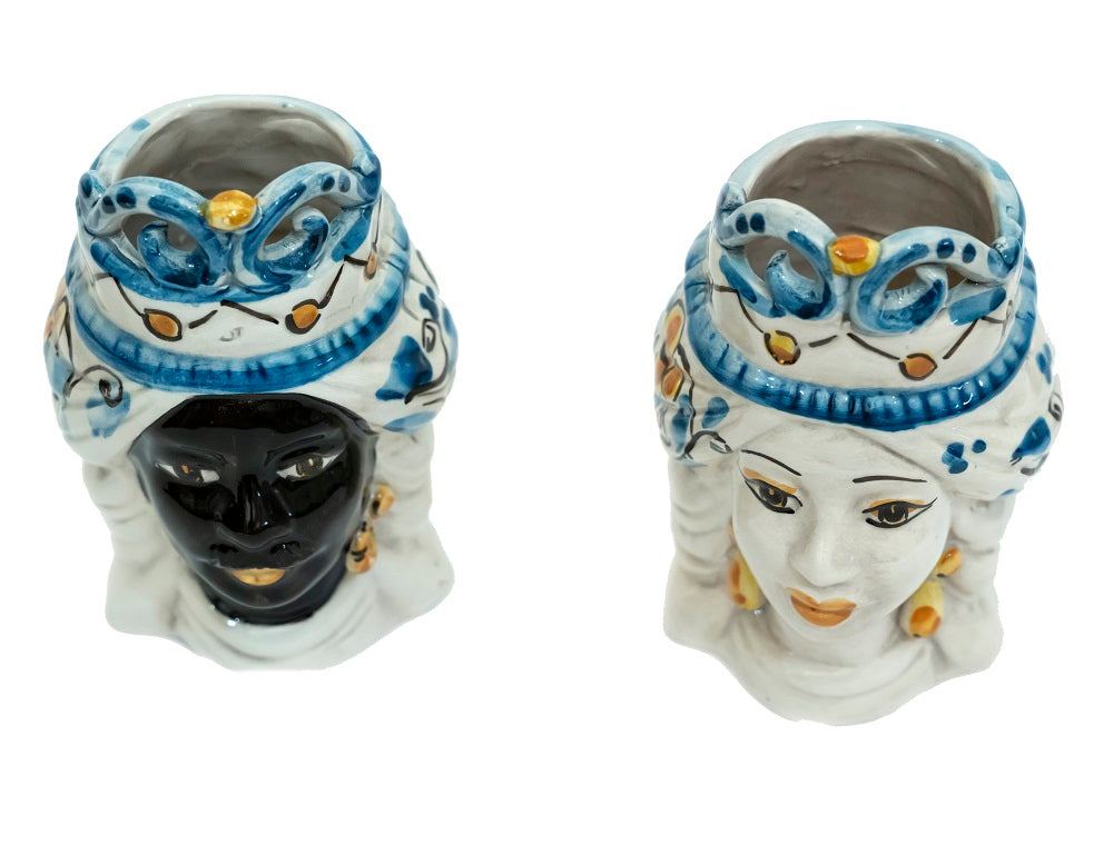 Coppia teste di moro in ceramica siciliana di Caltagirone h15cm art. celeste