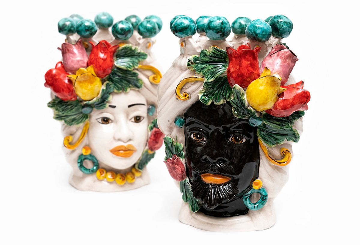Coppia teste di moro in ceramica siciliana di Caltagirone h30cm art. tulipani colorati