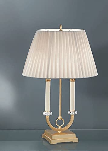 Lume grande classico a 2 luci in ottone oro satinato con cristalli molati trasparenti e paralume nastrato avorio PR 6769/L2