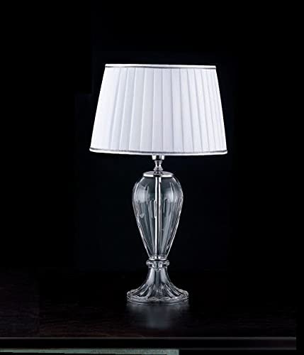 Lumetto da comodino moderno a 1 luce in cristallo trasparente con struttura in metallo cromo e paralume nastrato bianco PR 6927/LP