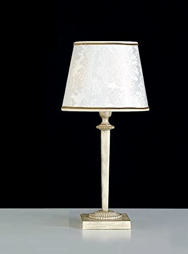 Lumetto da comodino classico a 1 luce in ottone avorio decapato oro con fregi decorativi in fusione di ottone e paralume damascato panna PR 6942/LP