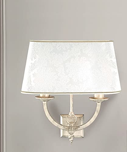 Applique da parete classico a 2 luci in ottone avorio decapato oro con fregi decorativi in fusione di ottone e paralume damascato panna PR 6941/A40