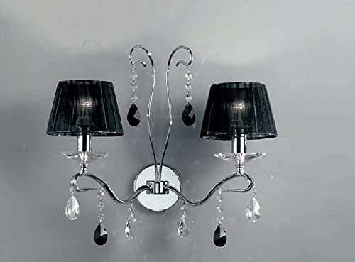 Applique da parete moderno a 2 luci in ottone cromo con cristalli molati neri e trasparenti e paralumi in tessuto di organza neri PR 6750/A2