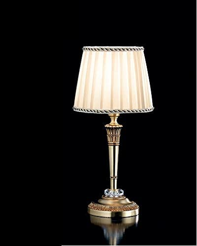 Lumetto da comodino classico a 1 luce in fusione di ottone oro antico con cristalli molati trasparenti e paralume plissettato avorio foderato internamente PR 6912/LP