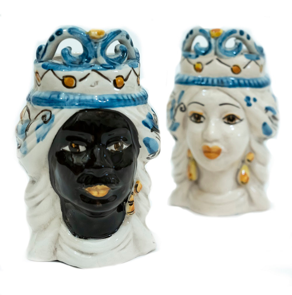 Coppia teste di moro in ceramica siciliana di Caltagirone h15cm art. celeste