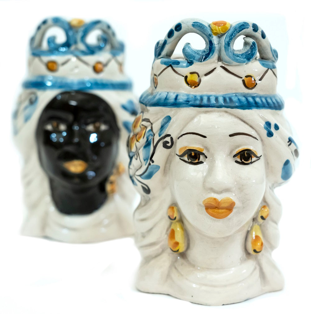Coppia teste di moro in ceramica siciliana di Caltagirone h15cm art. celeste