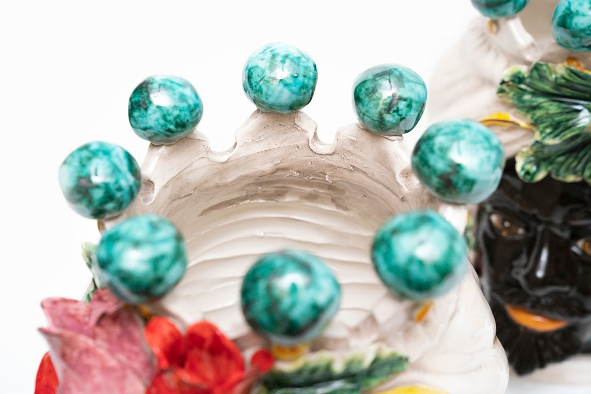 Coppia teste di moro in ceramica siciliana di Caltagirone h30cm art. tulipani colorati