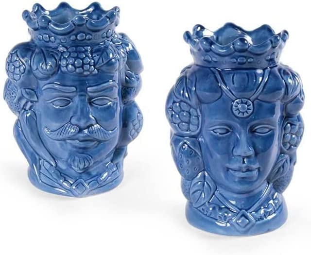 Coppia teste di moro vasetti piccoli in ceramica soprammobili per la casa giardino gic (Blu 836053)