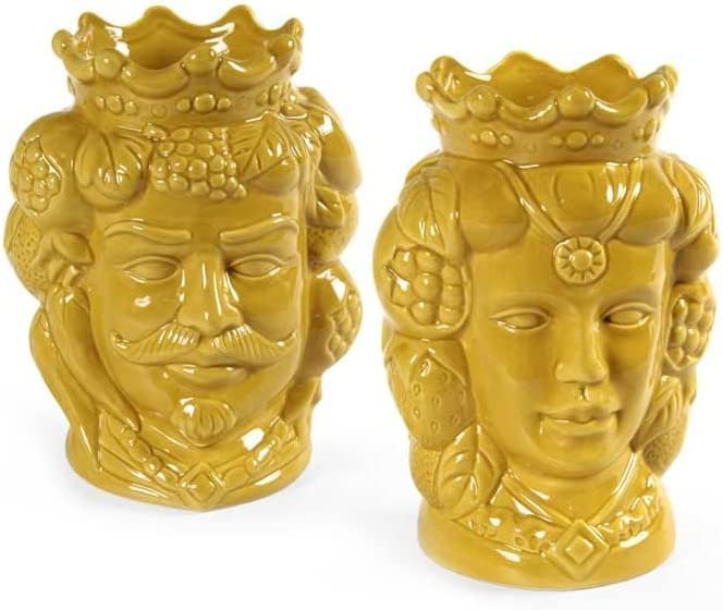 Coppia teste di moro vasetti medi in ceramica soprammobili per la casa giardino gic (Giallo 836008)