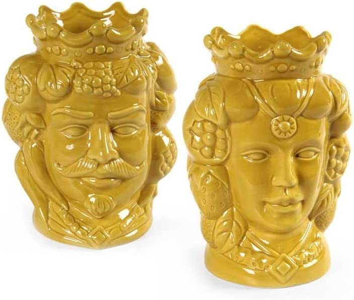 Coppia teste di moro vasetti in ceramica soprammobili per la casa giardino gic (Giallo 835940)