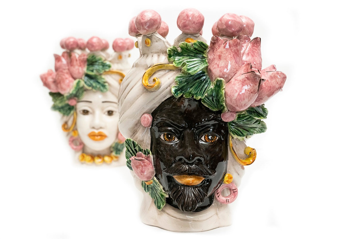 Coppia teste di moro in ceramica siciliana di Caltagirone h30cm art. tulipani rosa