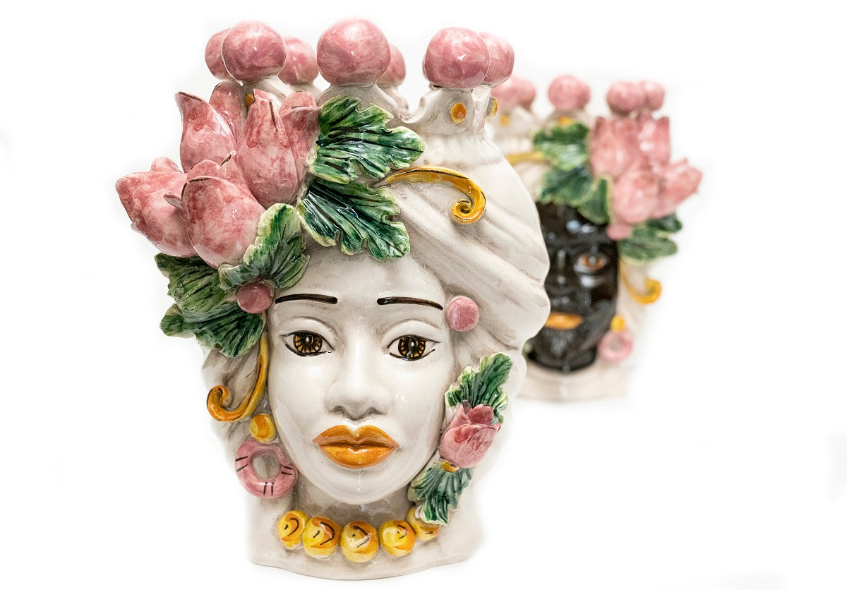 Coppia teste di moro in ceramica siciliana di Caltagirone h30cm art. tulipani rosa