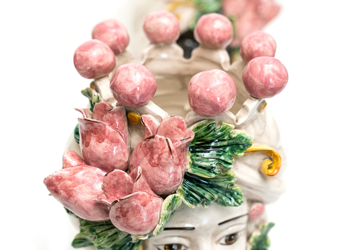 Coppia teste di moro in ceramica siciliana di Caltagirone h30cm art. tulipani rosa