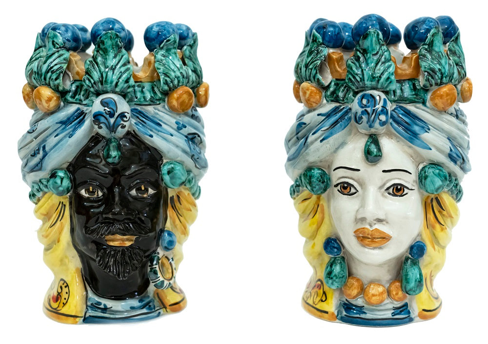 Coppia teste di moro in ceramica siciliana di Caltagirone h20cm art. blu siciliano