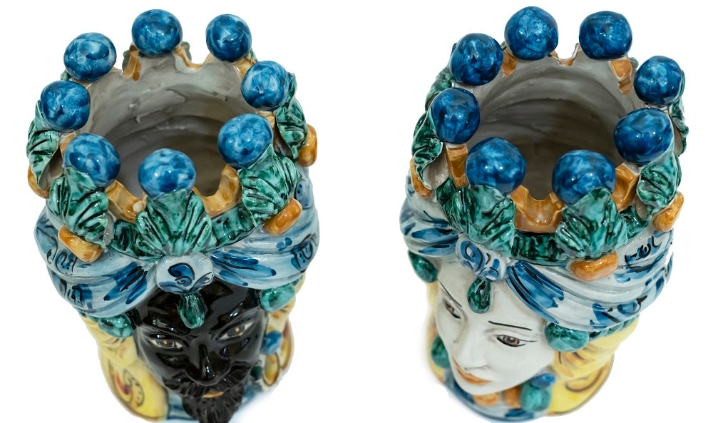 Coppia teste di moro in ceramica siciliana di Caltagirone h20cm art. blu siciliano
