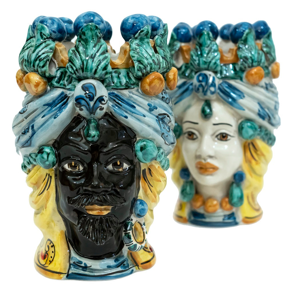 Coppia teste di moro in ceramica siciliana di Caltagirone h20cm art. blu siciliano
