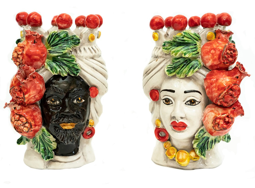 Coppia teste di moro in ceramica siciliana di Caltagirone h20cm art. melograno