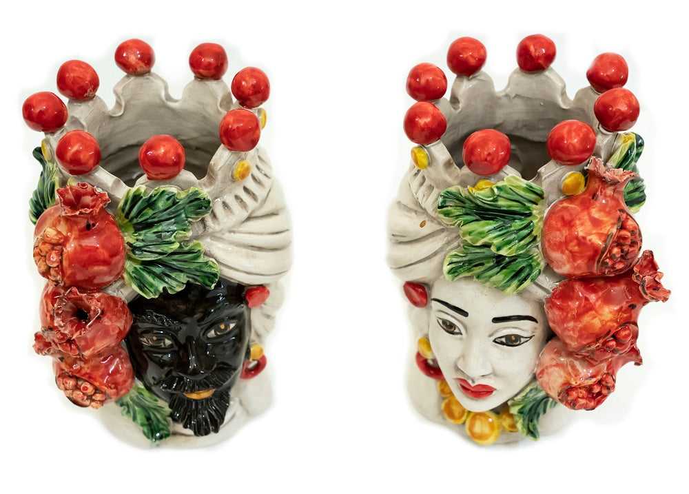 Coppia teste di moro in ceramica siciliana di Caltagirone h20cm art. melograno
