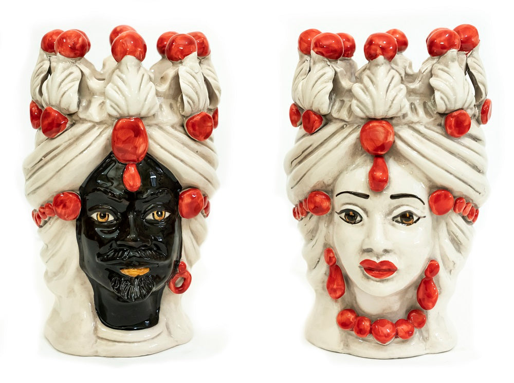 Coppia teste di moro in ceramica siciliana di Caltagirone h20cm art. rosso
