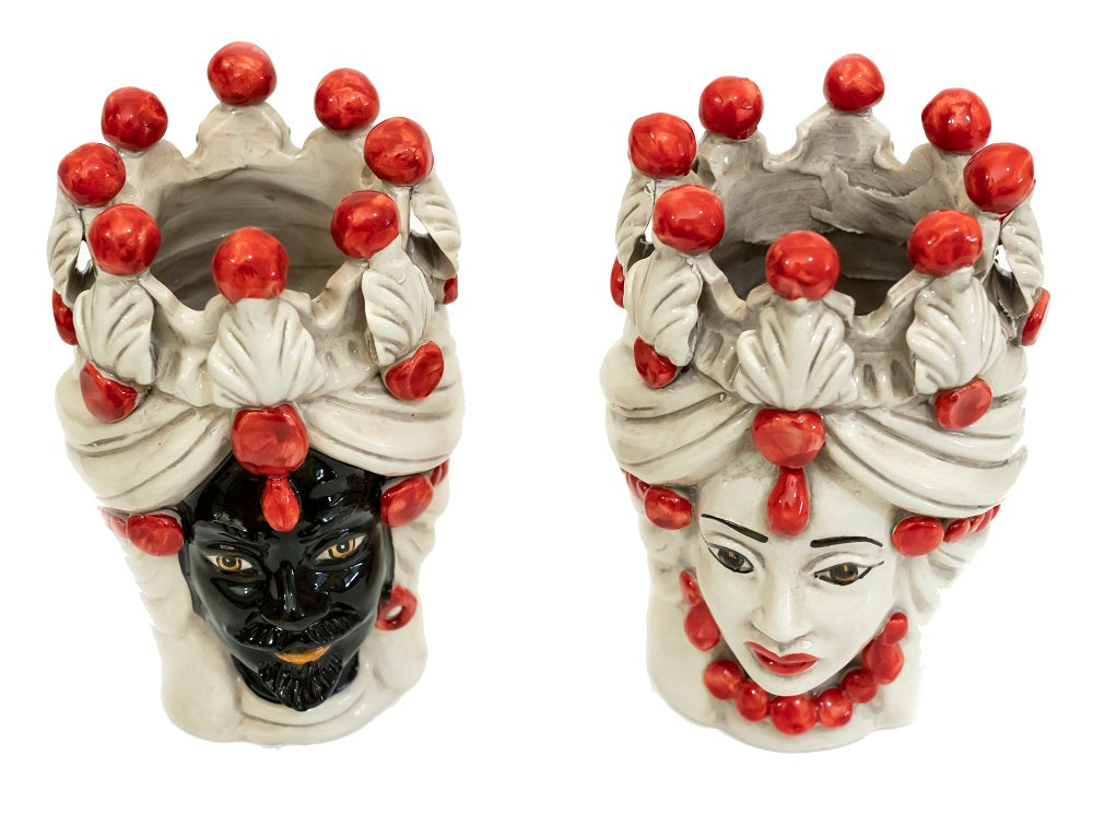 Coppia teste di moro in ceramica siciliana di Caltagirone h20cm art. rosso