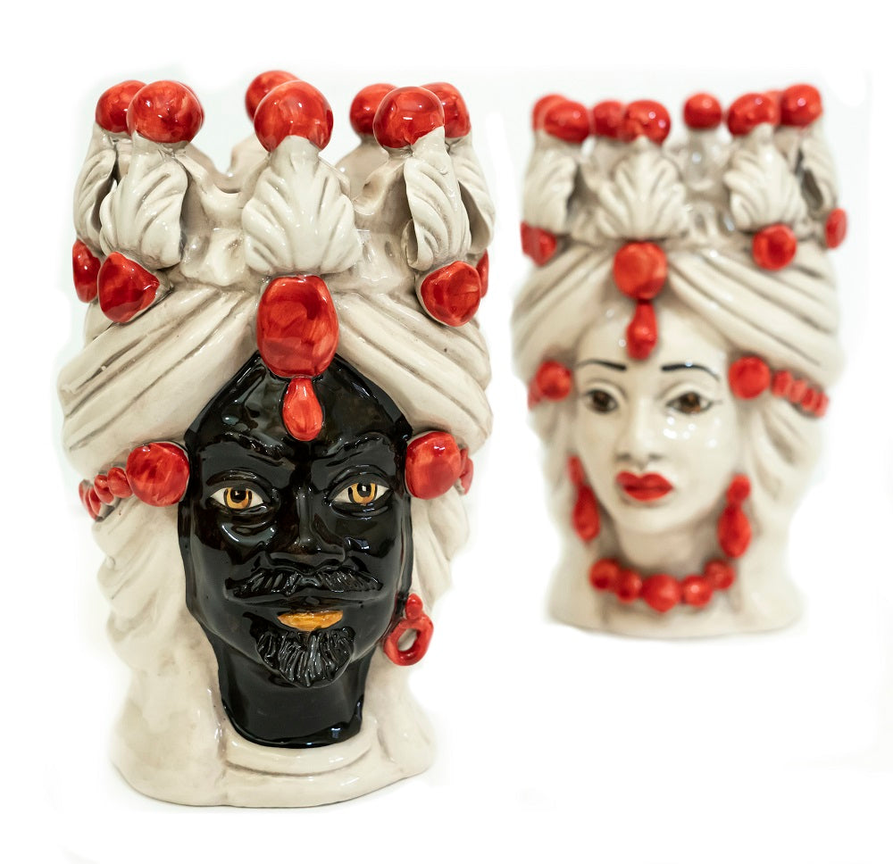 Coppia teste di moro in ceramica siciliana di Caltagirone h20cm art. rosso