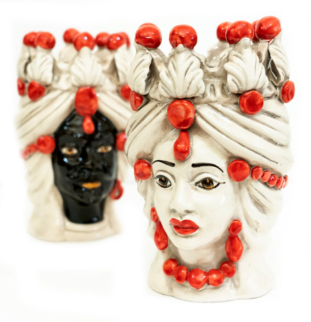 Coppia teste di moro in ceramica siciliana di Caltagirone h20cm art. rosso
