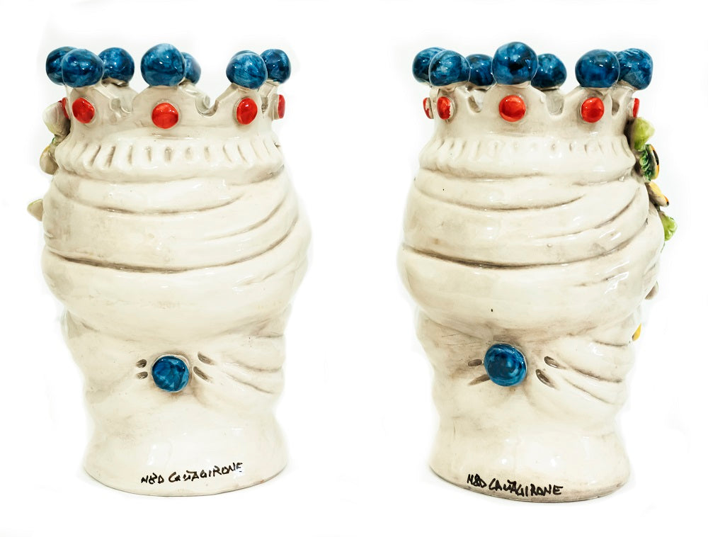 Coppia teste di moro in ceramica siciliana di Caltagirone h20cm art. fiori