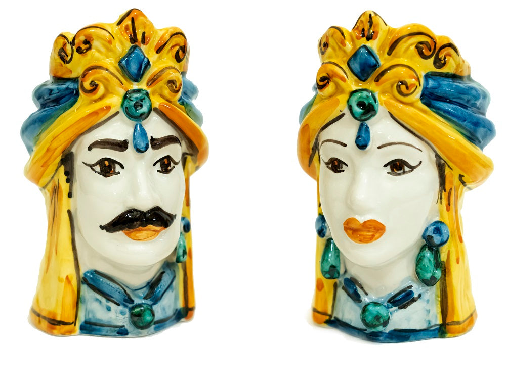 Coppia teste di moro in ceramica siciliana di Caltagirone h15cm art. colorati