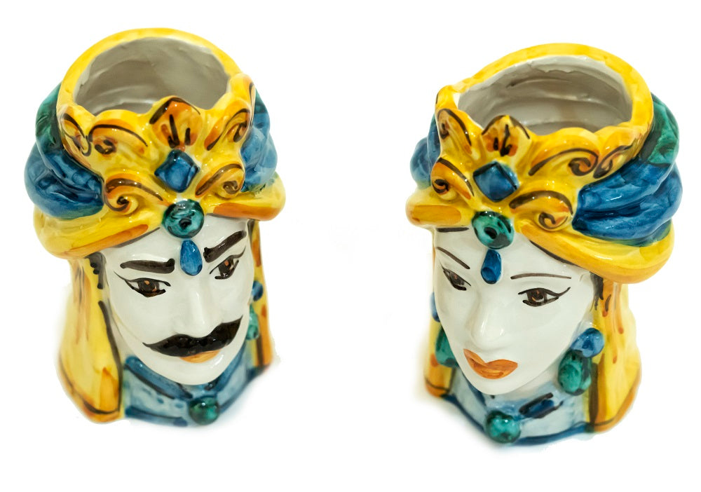 Coppia teste di moro in ceramica siciliana di Caltagirone h15cm art. colorati