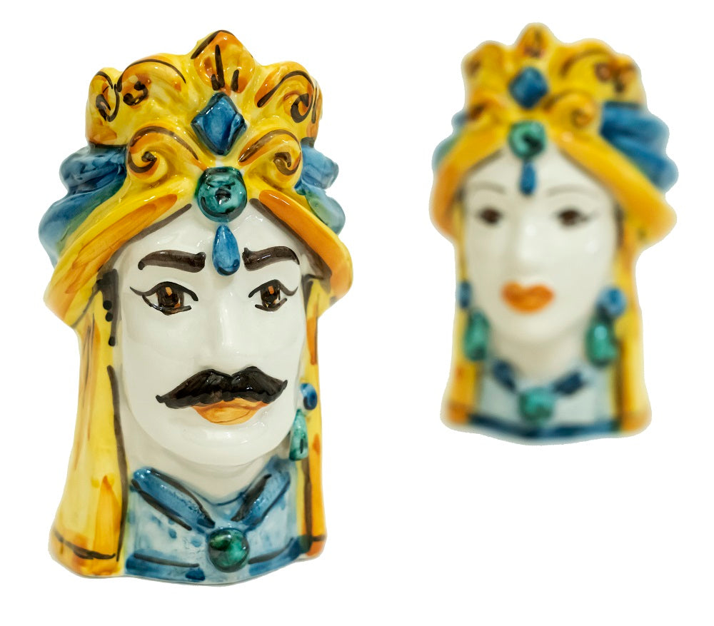 Coppia teste di moro in ceramica siciliana di Caltagirone h15cm art. colorati